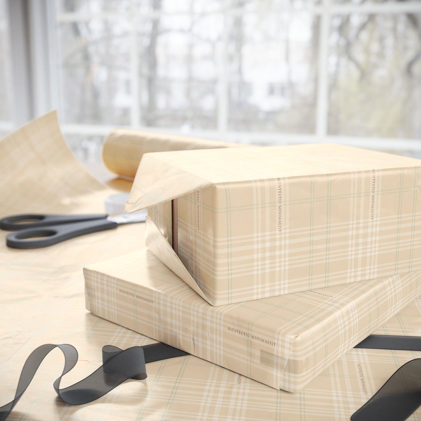 Montecito Minimalist Beige Plaid Wrapping Paper