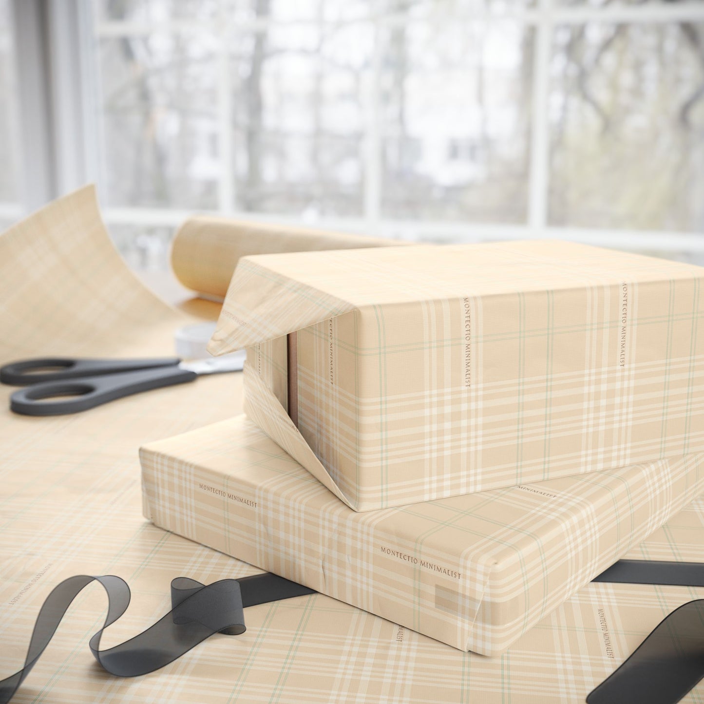 Montecito Minimalist Beige Plaid Wrapping Paper